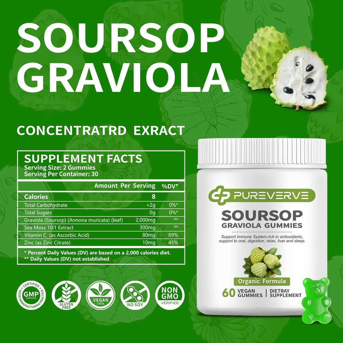 Soursop Graviola Gummies, Pureverve Max Strength with Sea Moss & Zinc – 120 Count (Pack of 2) - görsel 4