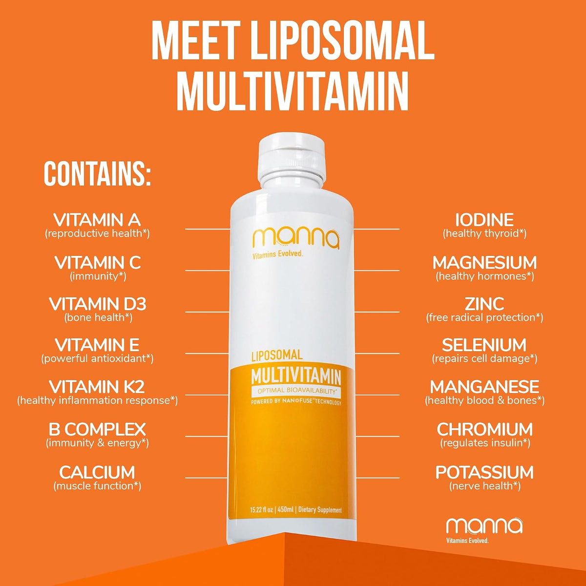 Manna Vitamins Evolved Liposomal Multivitamin – Daily Liquid Multivitamin for Men and Women, 20 Vitamins & Minerals, Immune Function & Energy Release, 3-Pack - görsel 4