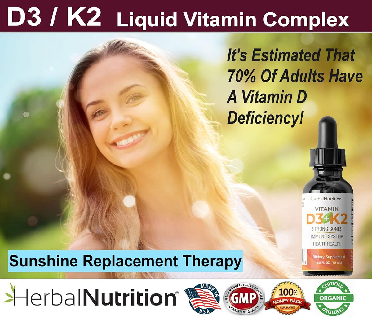 Herbal Nutrition Vitamin D3 + K2 Liquid Drops, 5000 IU D3 with K2 MK-7, 270 Servings - görsel 2