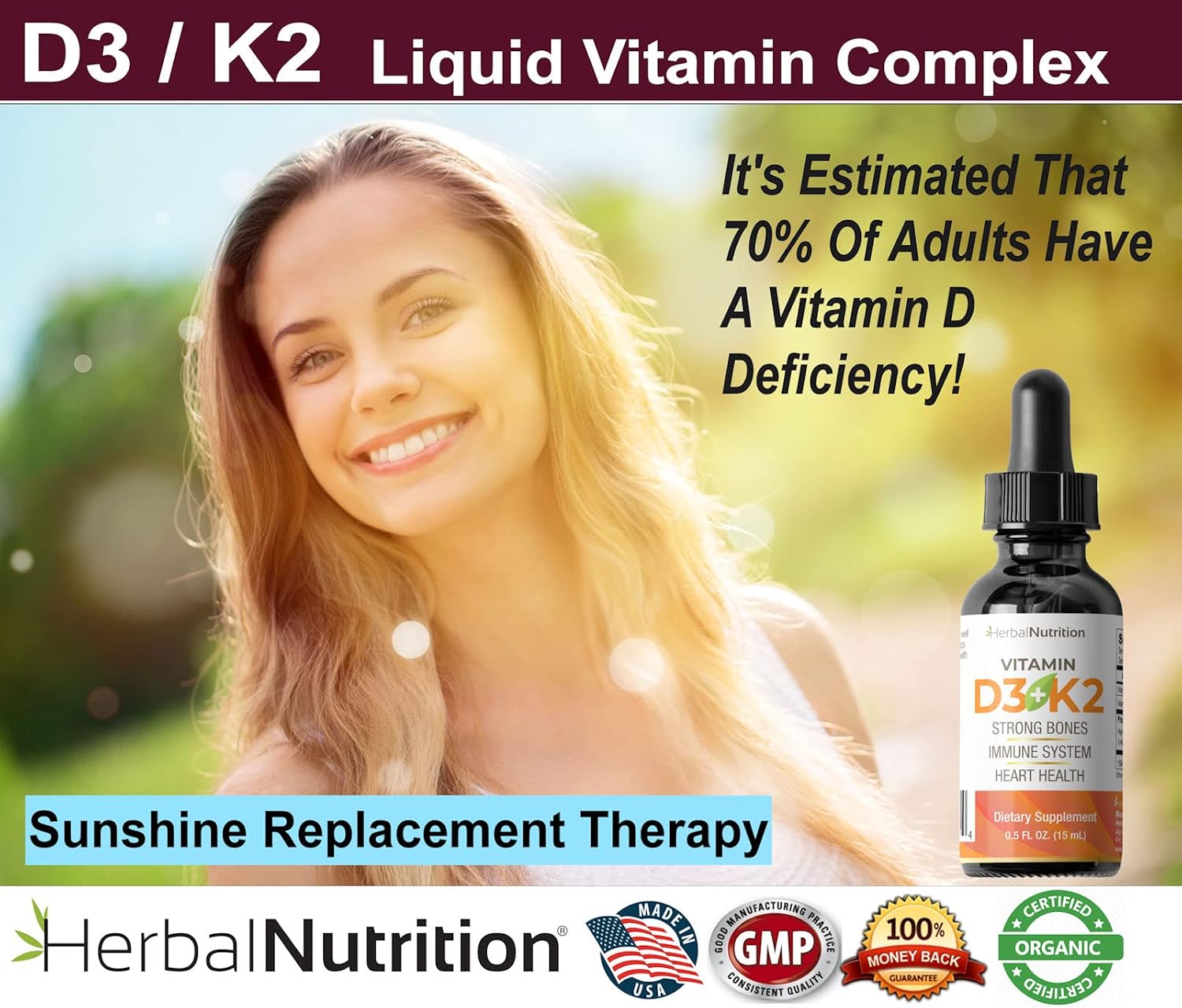 Herbal Nutrition Vitamin D3 + K2 Liquid Drops, 5000 IU D3 with K2 MK-7, 270 Servings - görsel 2