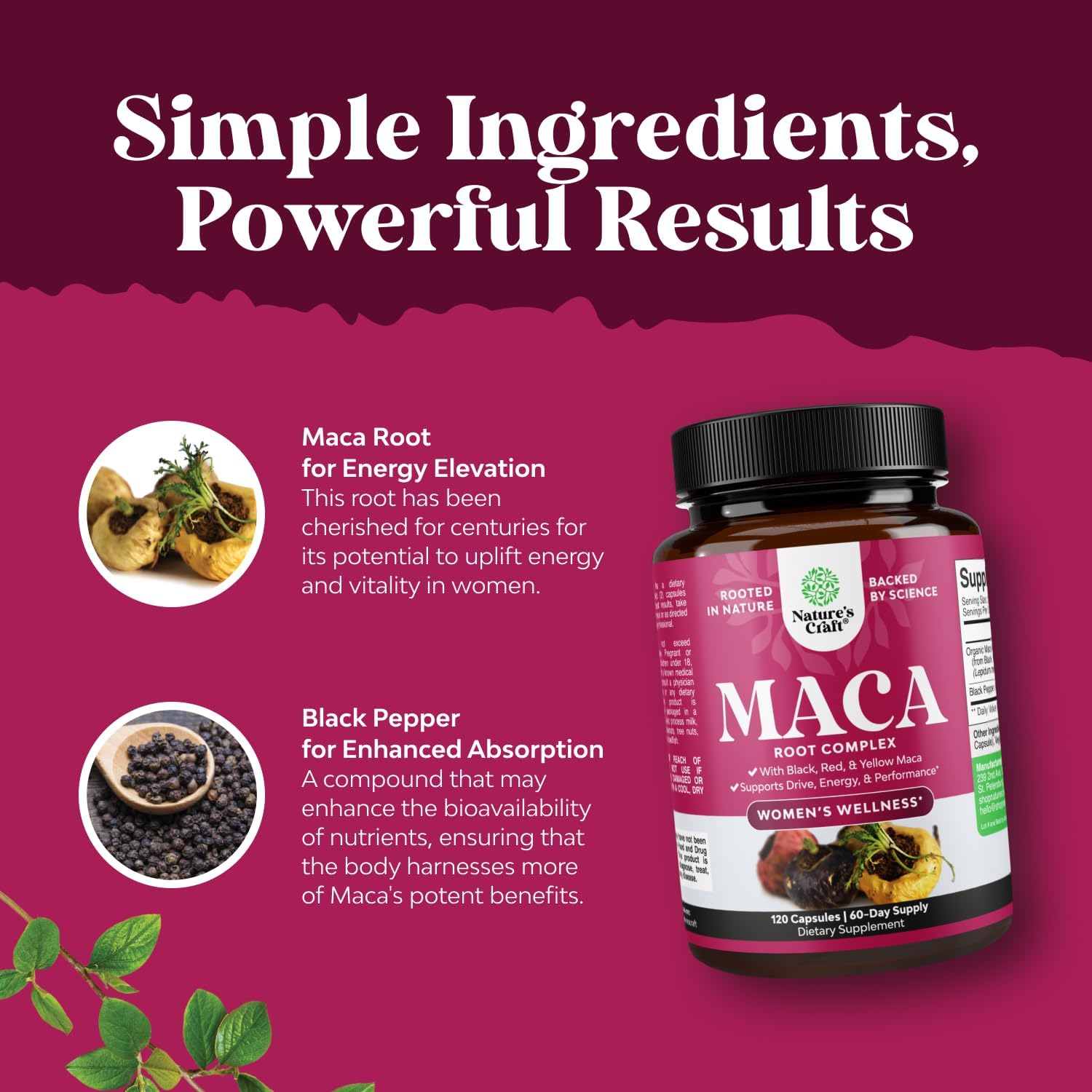 Natures Craft Maca Root Capsules for Women – Potent Herbal Supplement with Red, Yellow & Black Maca Root – Non-GMO, Vegan, Gluten-Free – 120 Count - görsel 4
