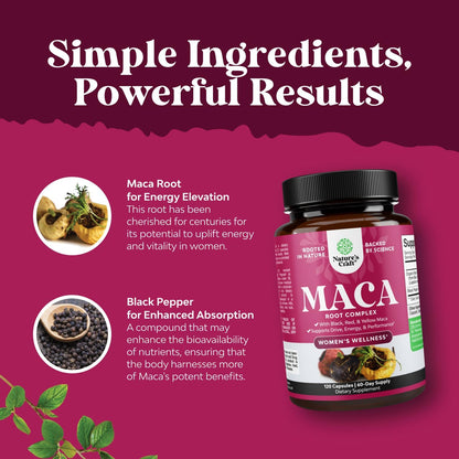 Natures Craft Maca Root Capsules for Women – Potent Herbal Supplement with Red, Yellow & Black Maca Root – Non-GMO, Vegan, Gluten-Free – 120 Count