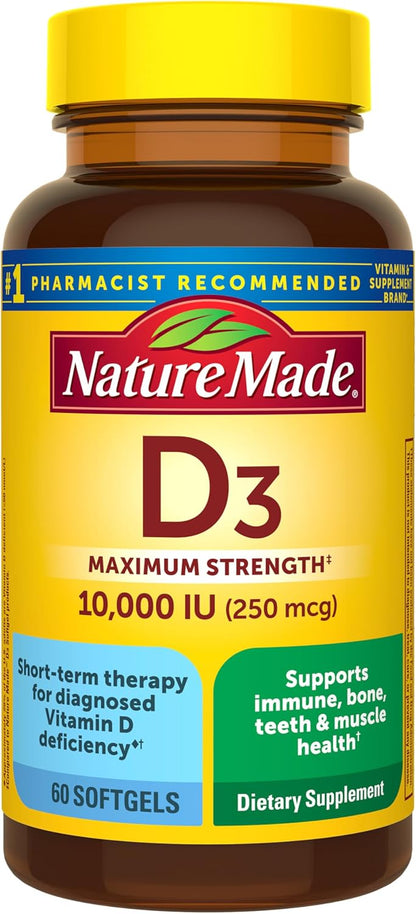 Nature Made Vitamin D3 10000 IU (250 mcg) High Strength Food Supplement, 60 Softgels