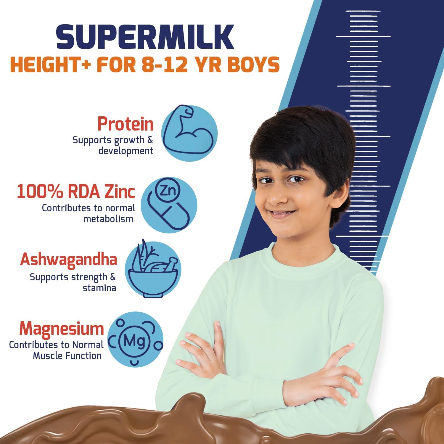 ATS Supermilk Height+ for 8-12 Year Old Boys – High Protein with Calcium & D3, 21 Vitamins & Minerals, Zero Refined Sugar, Natural Double Chocolate, 400g Powder - görsel 2