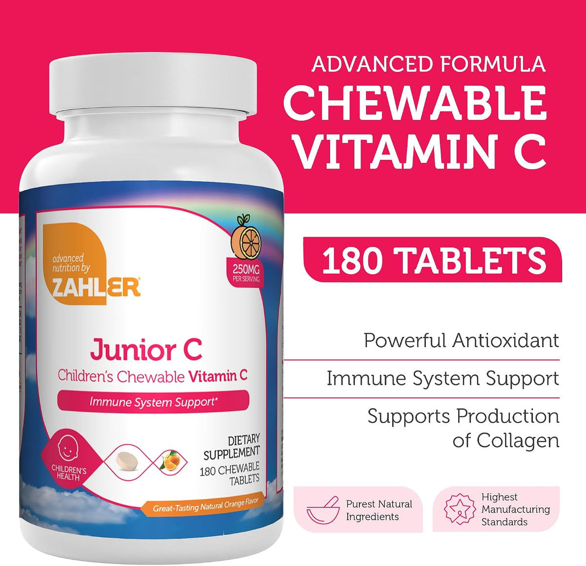 Zahler Junior C Advanced Chewable Vitamin C for Kids - Immune Support in Delicious Orange Flavour - Kosher Chewable Antioxidant (180 Count) - görsel 2