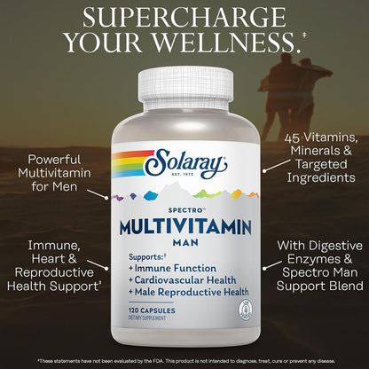 Solaray Spectro Multivitamin for Men - 45 Vitamins and Minerals with CoQ10, Digestive Enzymes, Saw Palmetto - 30 Servings