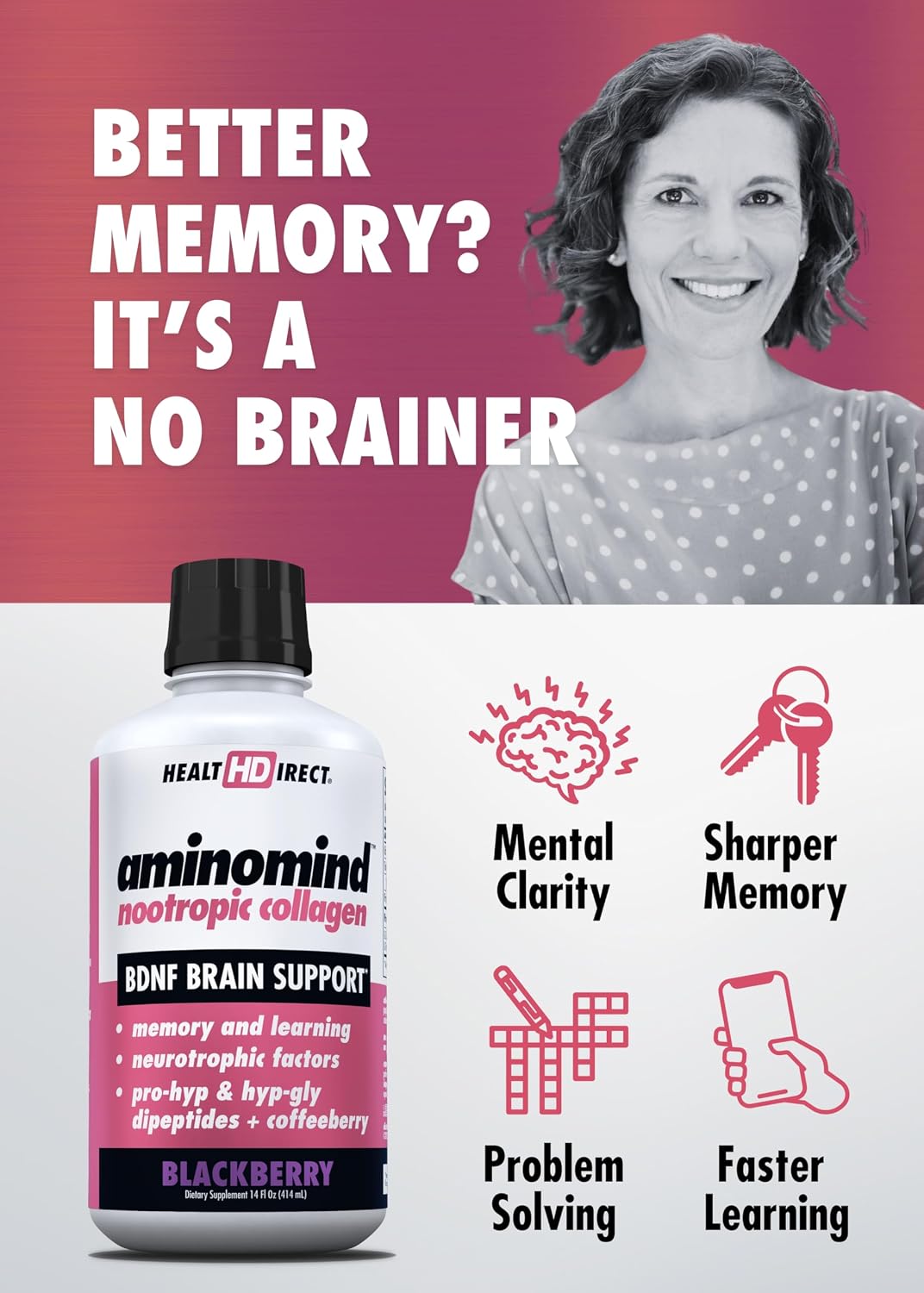 HEALTH DIRECT - AminoMind - Nootropic Collagen Supplement for Brain Health and BDNF - Pro-Hyp & Hyp-Gly Dipeptides, Coffeeberry Antioxidants - Blackberry - 414 ml (28 Servings) - görsel 2