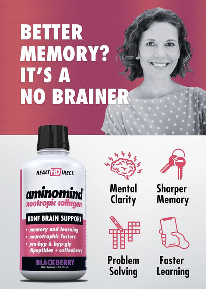 HEALTH DIRECT - AminoMind - Nootropic Collagen Supplement for Brain Health and BDNF - Pro-Hyp & Hyp-Gly Dipeptides, Coffeeberry Antioxidants - Blackberry - 414 ml (28 Servings)