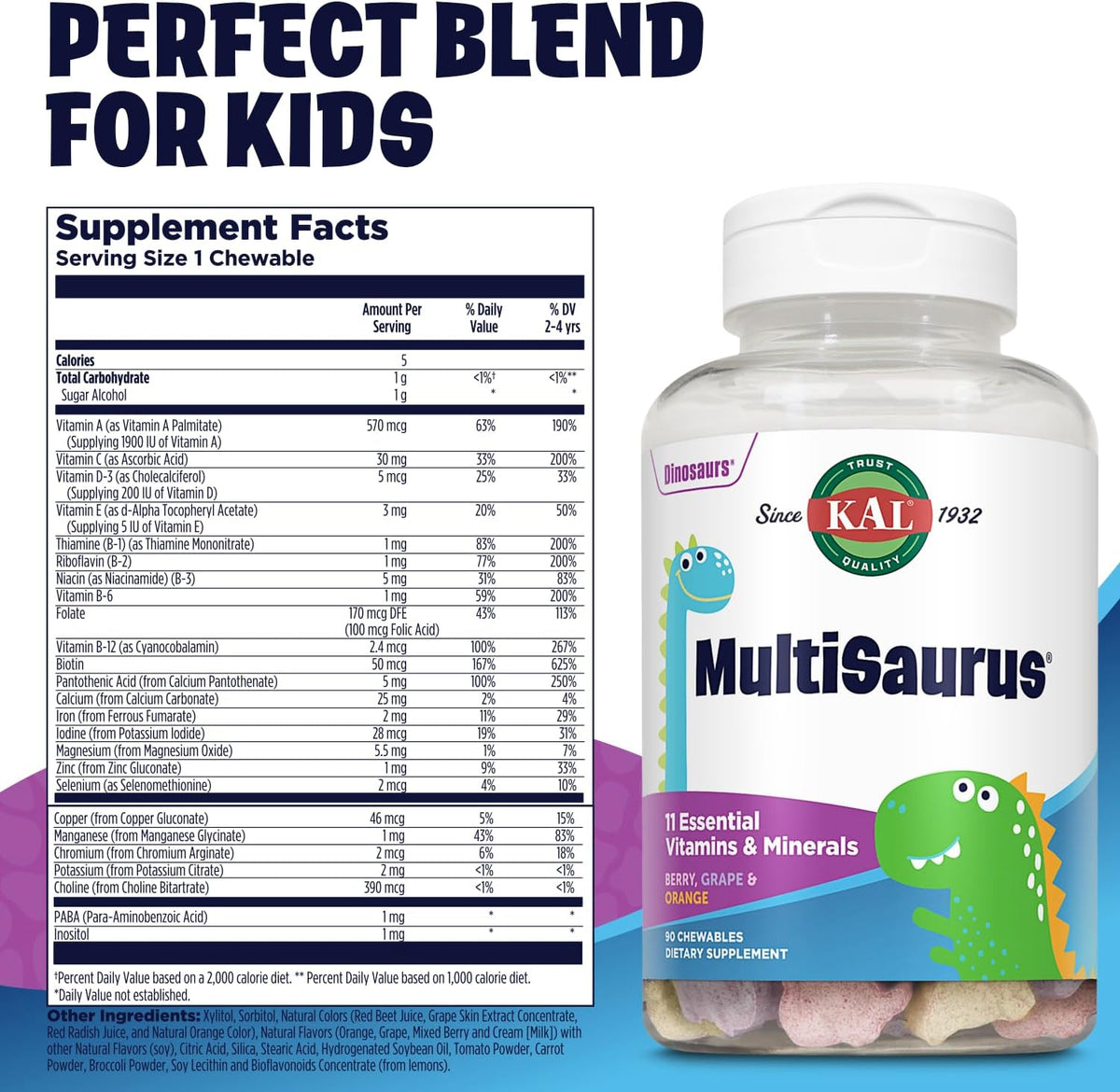 KAL MultiSaurus Kids Chewable Multivitamin - 90 Dinosaur-Shaped Tablets - görsel 2