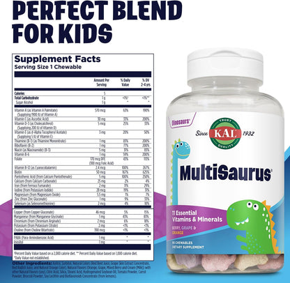 KAL MultiSaurus Kids Chewable Multivitamin - 90 Dinosaur-Shaped Tablets