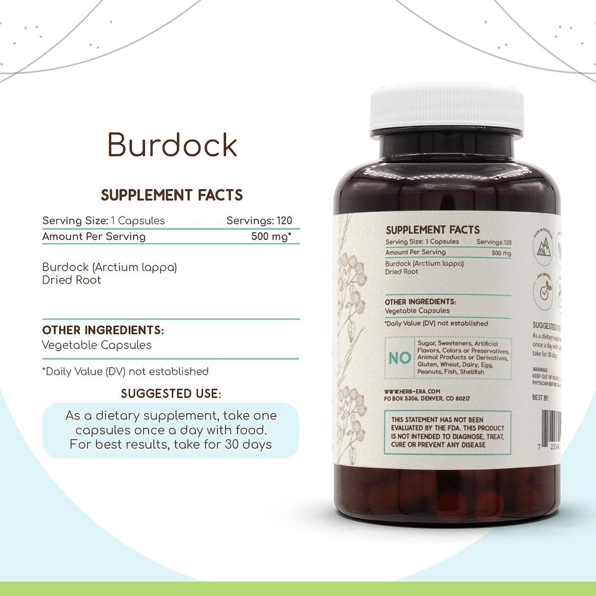 HerbEra Burdock 120 Capsules, 500 mg, Made with Burdock (Arctium Lappa) Dried Root - görsel 3