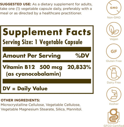 Solgar Vitamin B12 500 mcg, 100 Capsules