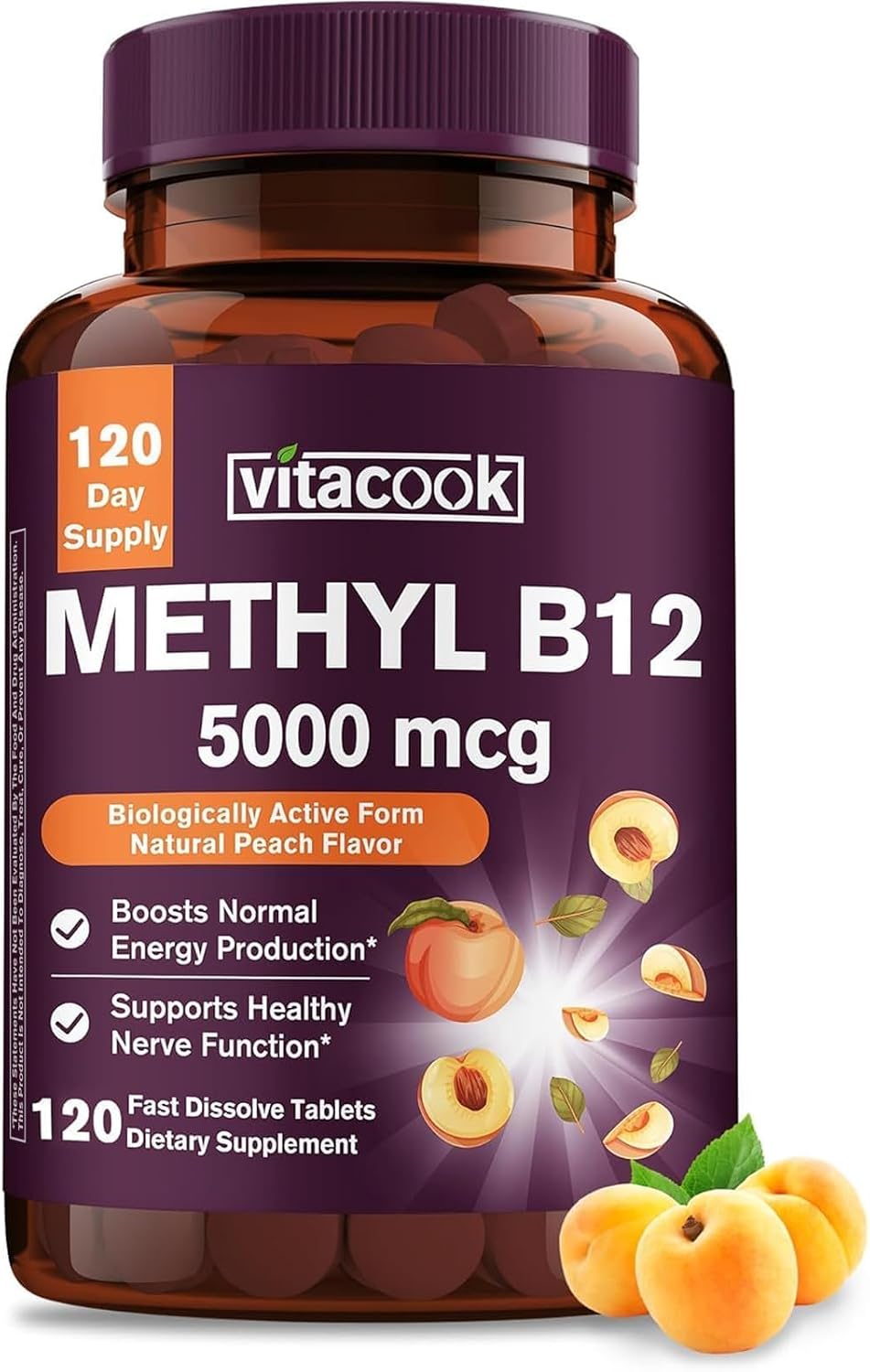 Vitacook Vitamin B12 Sublingual, Methylcobalamin 5000mcg, Natural Peach Flavour, 90 Fast Dissolve Tablets - görsel 8