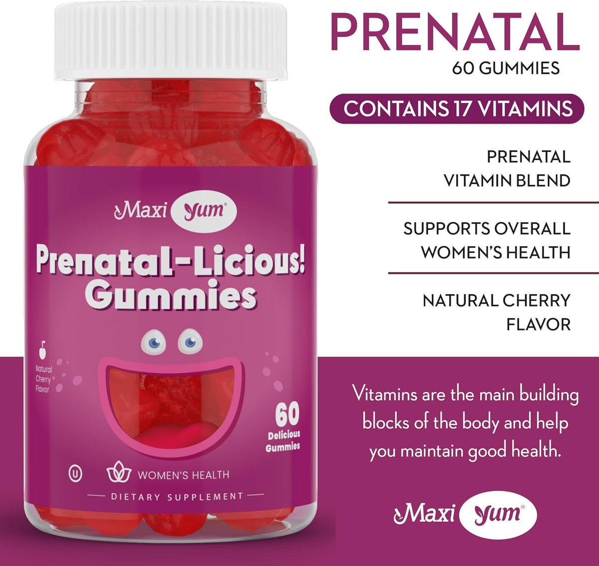 Maxi Health Women's Organic Prenatal Gummies – Kosher Cherry Flavoured with Folic Acid and Iron, 60 Count - görsel 3