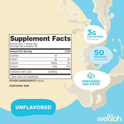 Wellah Colostrum Unflavoured - 3g per Serving, 50 Servings