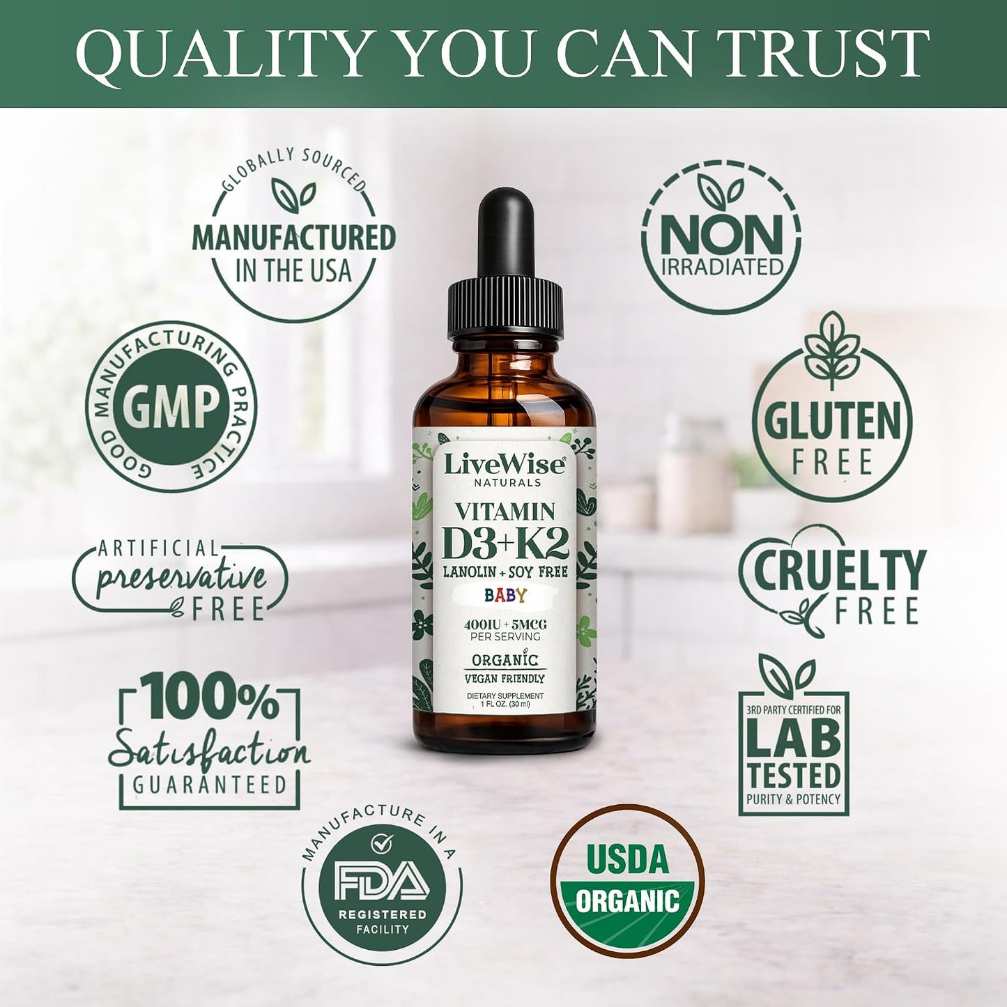 Live Wise Naturals Organic Vitamin D3 K2 Liquid Drops for Infants - 225 Servings - görsel 7