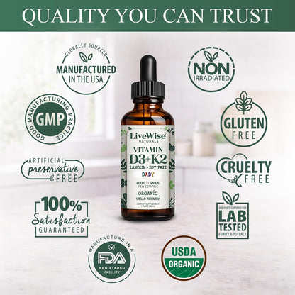Live Wise Naturals Organic Vitamin D3 K2 Liquid Drops for Infants - 225 Servings
