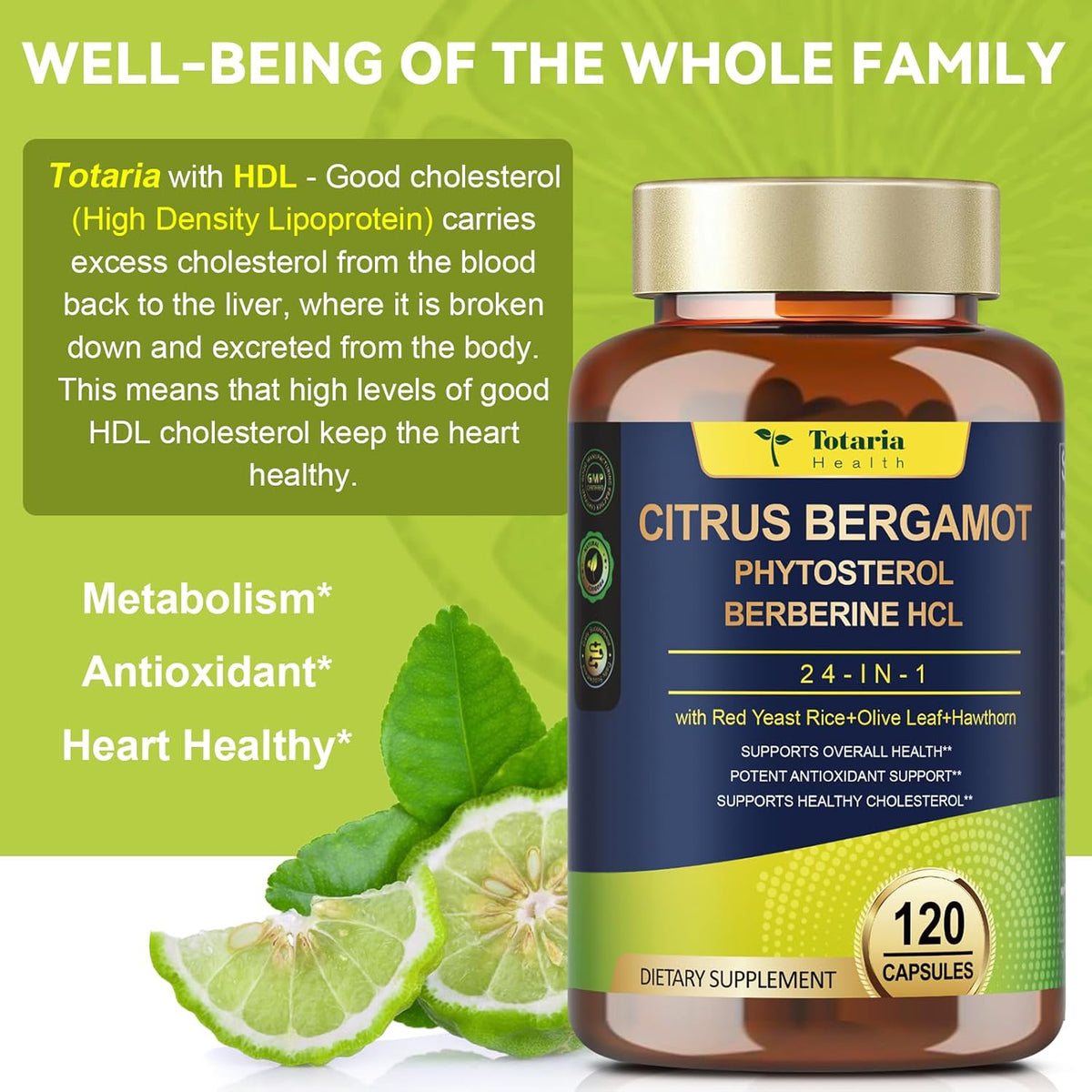 Citrus Bergamot Supplement for Cholesterol – Italian Citrus Bergamot & Plant Sterols, Vegan, Non-GMO, 120 Capsules - görsel 5