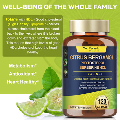 Citrus Bergamot Supplement for Cholesterol – Italian Citrus Bergamot & Plant Sterols, Vegan, Non-GMO, 120 Capsules