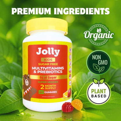 Jolly Kids Multivitamin Gummies – 60 Gummies Sugar-Free Vitamins for Children (Ages 4-12) with Allulose & Prebiotics – Organic Gummy for Immune Support, Digestive Health & Concentration – Plant-Based – Strawberry Lemon