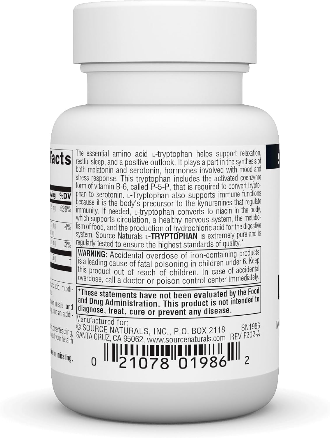 Source Naturals L-Tryptophan with Coenzyme B-6 500 mg - 30 Tablets - görsel 3