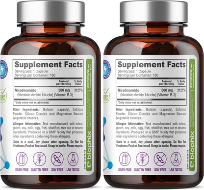 biophix B-3 Nicotinamide 500 mg 180 Capsules (2 Pack) – Flush-Free Niacin – Supports Skin Cell Health