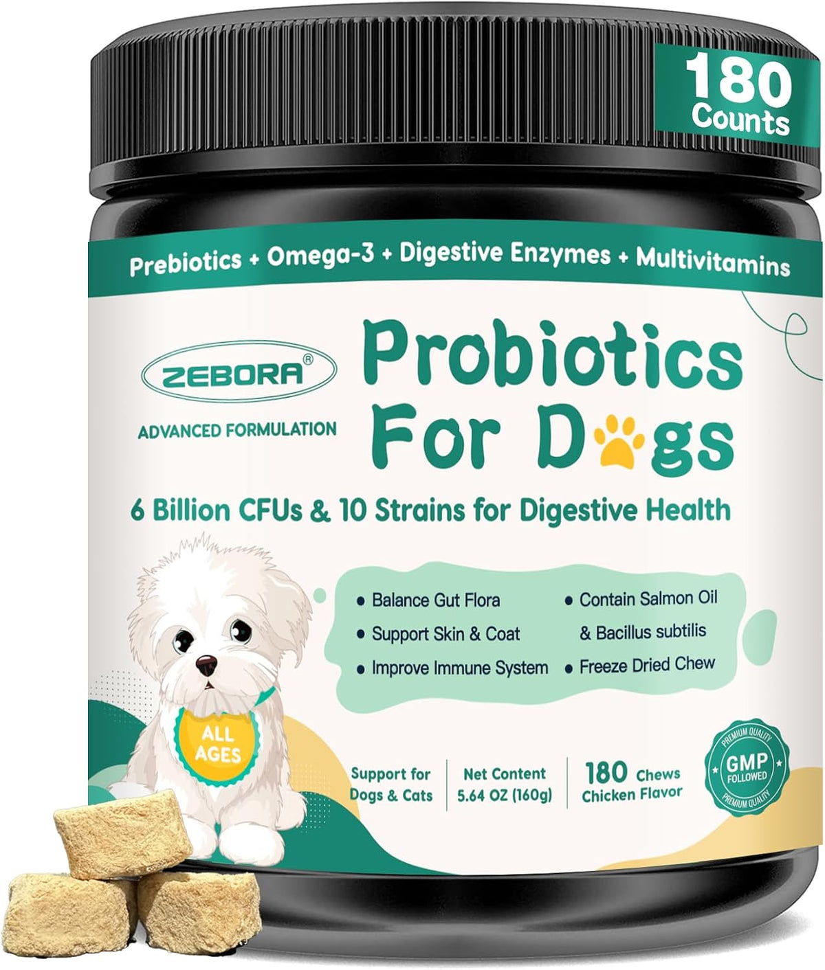 ZEBORA Probiotics for Dogs – 180 Freeze-Dried Chews with 6 Billion CFUs, Digestive Enzymes, Prebiotics, Omega-3 & 6 and Vitamins for Digestive Health and Immune Support - görsel 1