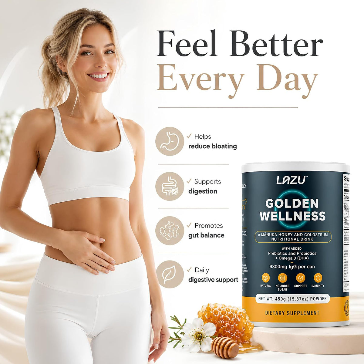 Lazu Golden Wellness Colostrum Supplement - Grass-Fed Bovine Colostrum with Manuka Honey, Probiotics & Omega-3 (450g) - görsel 7