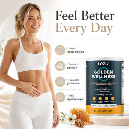Lazu Golden Wellness Colostrum Supplement - Grass-Fed Bovine Colostrum with Manuka Honey, Probiotics & Omega-3 (450g)