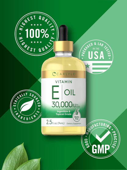 Carlyle Vitamin E Oil | 30,000 IU | 75 ml | Oral & Topical | Moisturising for Skin | Vegetarian, Non-GMO, Gluten-free Supplement