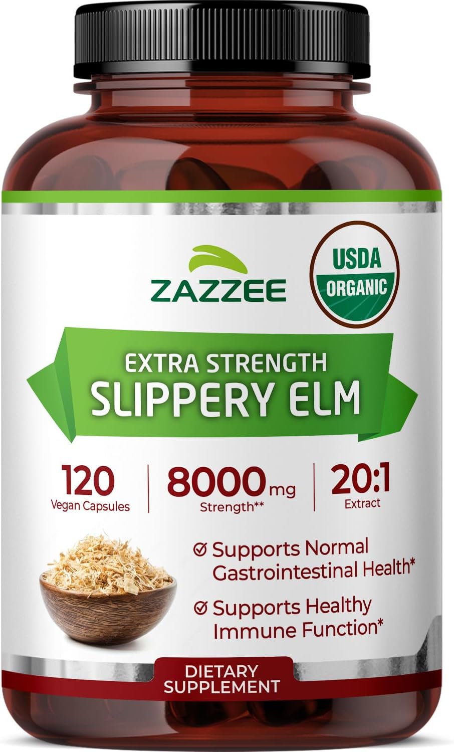 Zazzee USDA Organic Slippery Elm Bark 20:1 Extract, 120 Vegan Capsules - görsel 1