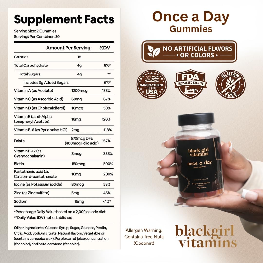 Black Girl Vitamins Once a Day – Women's Multivitamin Gummy – Vitamin A, B, C, E, Zinc – Immune Support – Vegan, Gluten-free – 60 Day Supply (Strawberry) - görsel 3