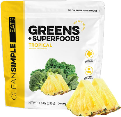 Clean Simple Eats Super Greens Powder, Naturally Flavoured Greens Powder with Chlorella, Spirulina, Superfoods & Prebiotic Fibre, No Artificial Ingredients, Gluten-free, Peachy Greens Flavour, 30 Servings