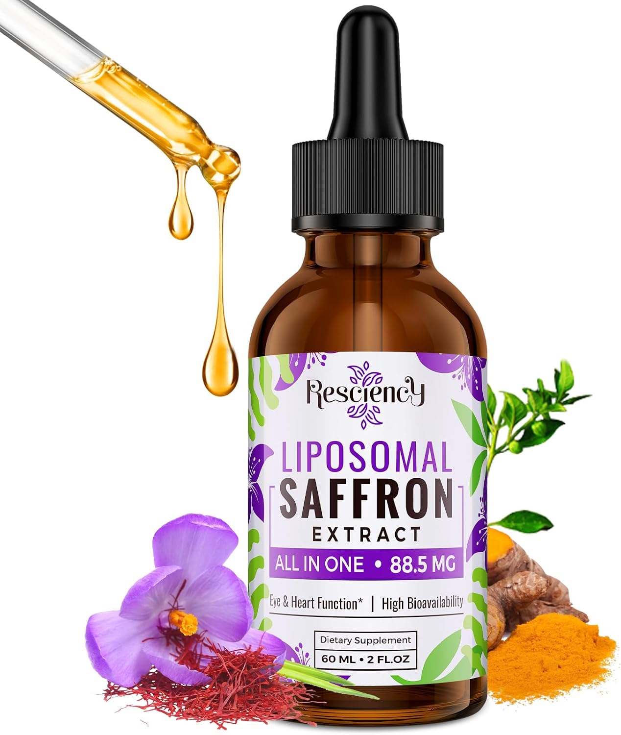 Resciency Liposomal Saffron Supplement Drops 88.5mg – High Bioavailability Liquid Saffron Extract for Mood Support, Energy, Focus & Vision with Ashwagandha, Magnesium, Zinc, B12 & D3, 60 ml - görsel 1