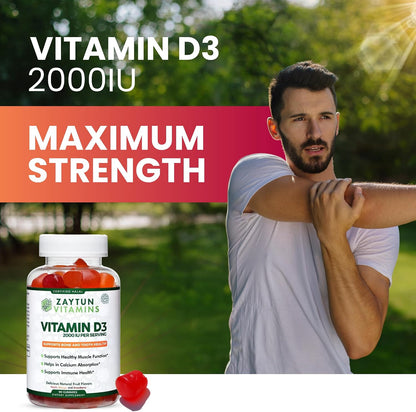 Zaytun Halal Vitamin D3 2000 IU Gummies – Supports Bone, Immune & Muscle Health – Gluten & Gelatine Free – Natural Fruit Flavours – 90 Gummies