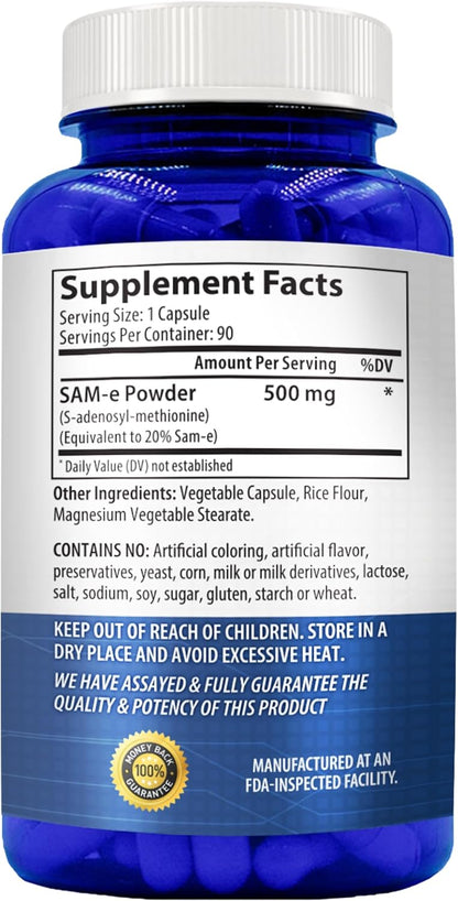 SAM-e 500mg Supplement – S-Adenosyl-L-Methionine for Mood & Bone Support, 90 Capsules