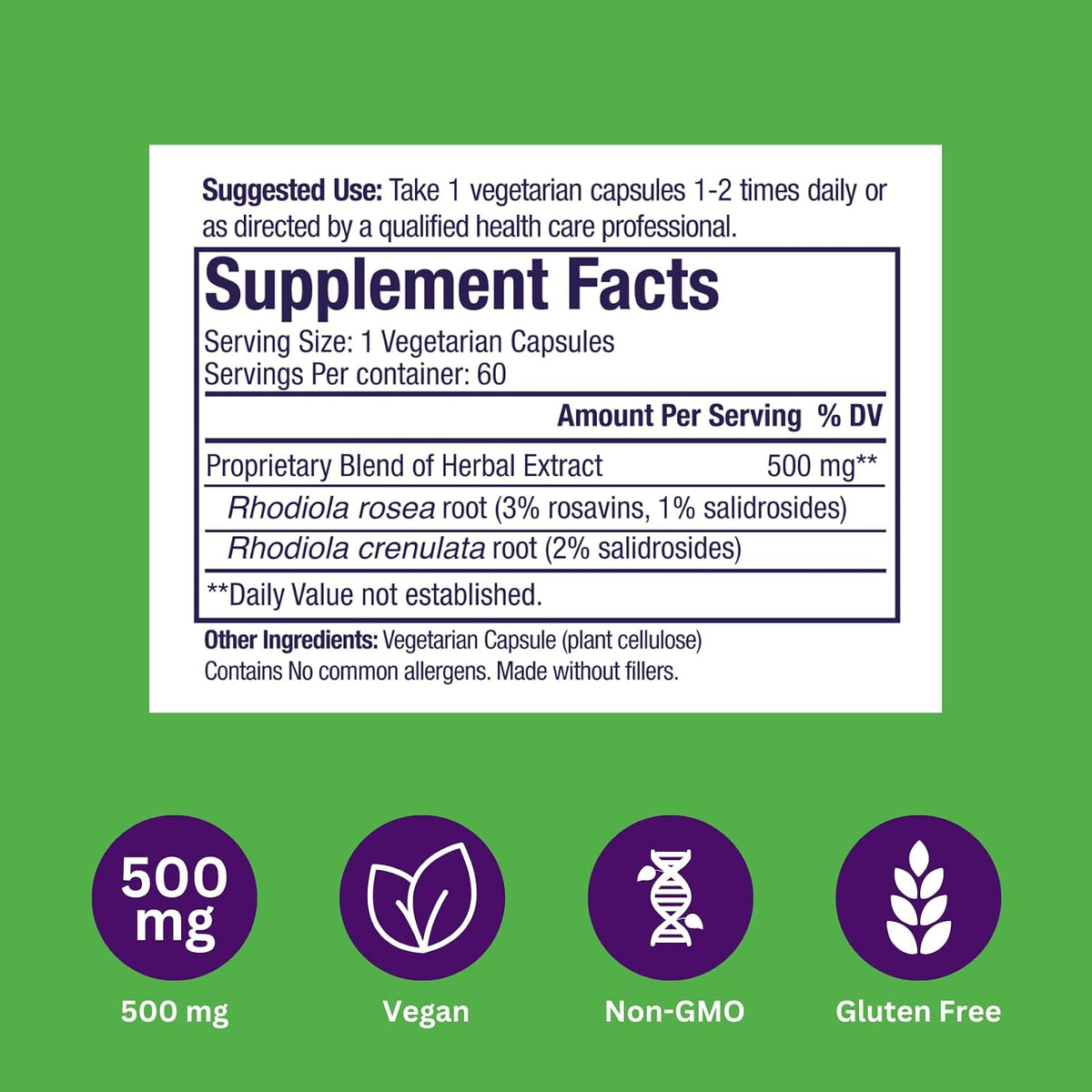 Paradise Herbs Rhodiola Extract 500mg, Adaptogen for Stress Resilience, Vegan, Non-GMO, Gluten Free, 60 Vegetarian Capsules - görsel 9