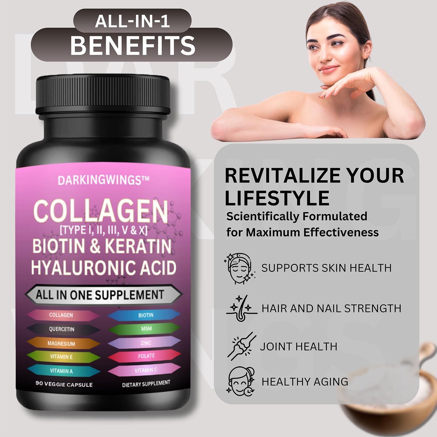 Darkingwings Multi Collagen Peptides Capsules - 14-in-1 with Types I, II, III, V & X, Biotin, Keratin, HA, MSM, Vitamin C, Zinc & More - görsel 5