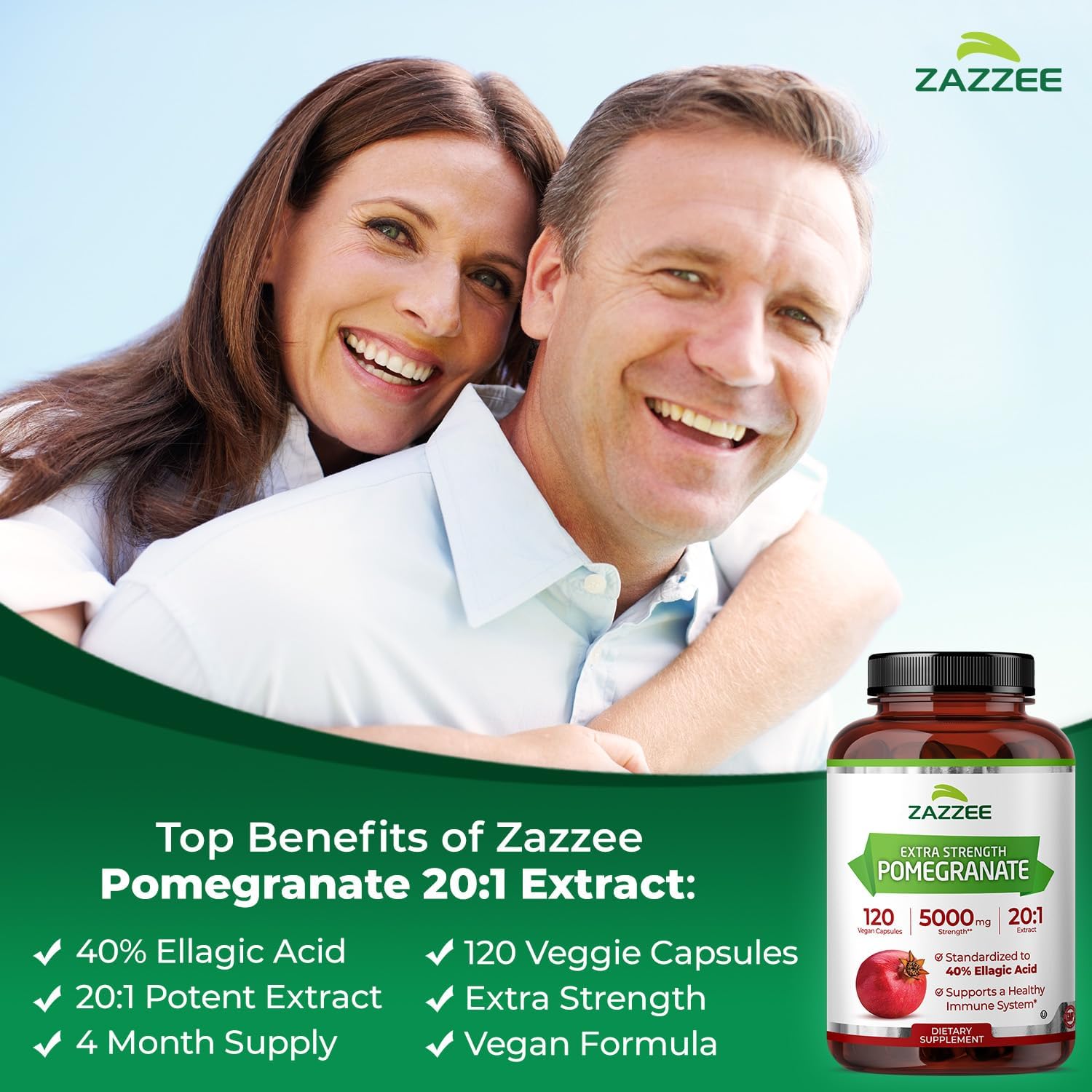 Zazzee Extra Strength Pomegranate 20:1 Extract, 40% Ellagic Acid, 120 Vegan Capsules - görsel 3