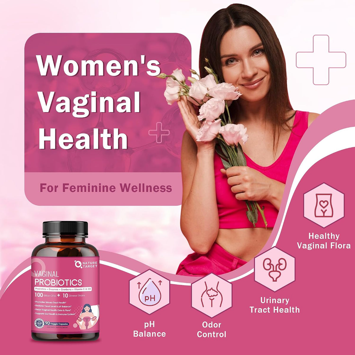 Vaginal Probiotics for Women – 100 Billion CFUs with Prebiotics, Digestive Enzymes, Cranberry & D-Mannose – Supports pH Balance & Urinary Tract Health – 90 Capsules - görsel 2