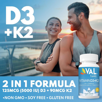VAL Vitamin D3 + K2 (MK-7) 5000 IU & 90 mcg – Bone and Immune Support – High Potency, Non-GMO, Easy to Swallow – 90 Vegan Capsules