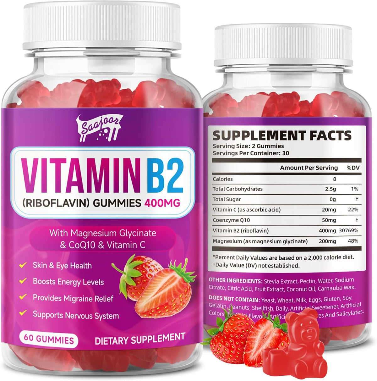 Vitamin B2 Gummies - Riboflavin 400mg with Magnesium & CoQ10 - Strawberry Flavour, 60 Gummies - görsel 1