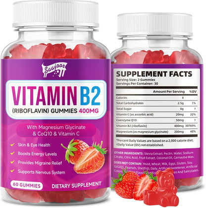 Vitamin B2 Gummies - Riboflavin 400mg with Magnesium & CoQ10 - Strawberry Flavour, 60 Gummies