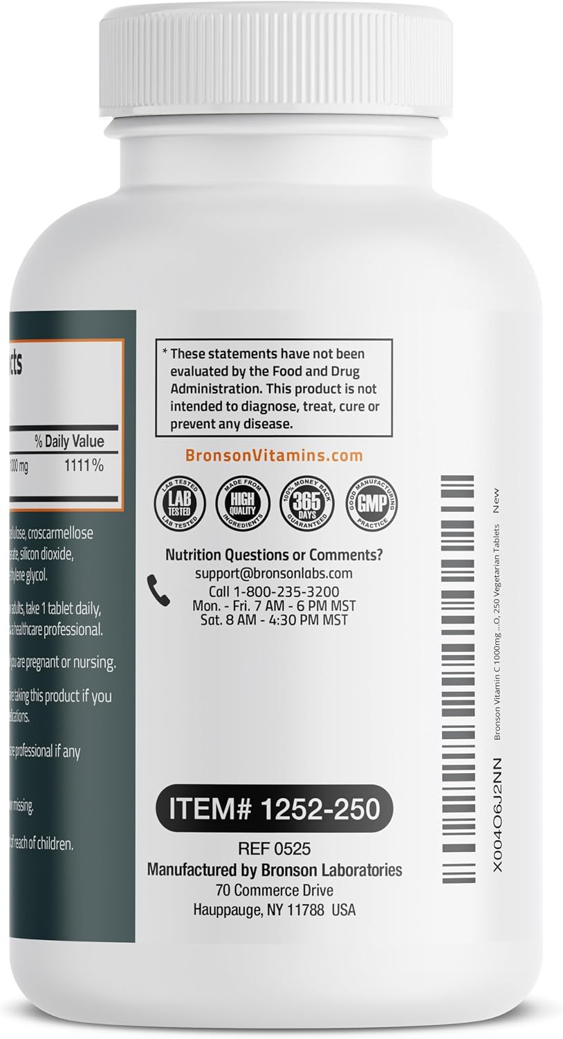 Bronson Vitamin C 1000mg Extra Strength, Supports a Healthy Immune System, High Potency, Non-GMO, 250 Vegetarian Tablets - görsel 7