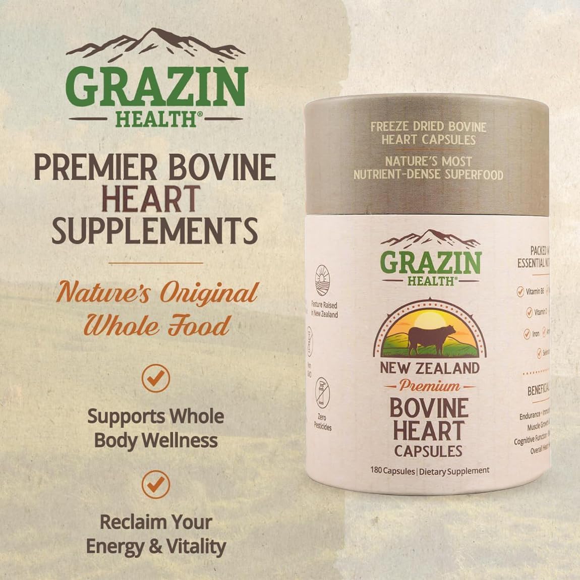 Grass-Fed Freeze-Dried Bovine Heart & Liver Capsules - 3000 mg per Serving - CoQ10, Iron, Zinc & B12 Supplement - görsel 2