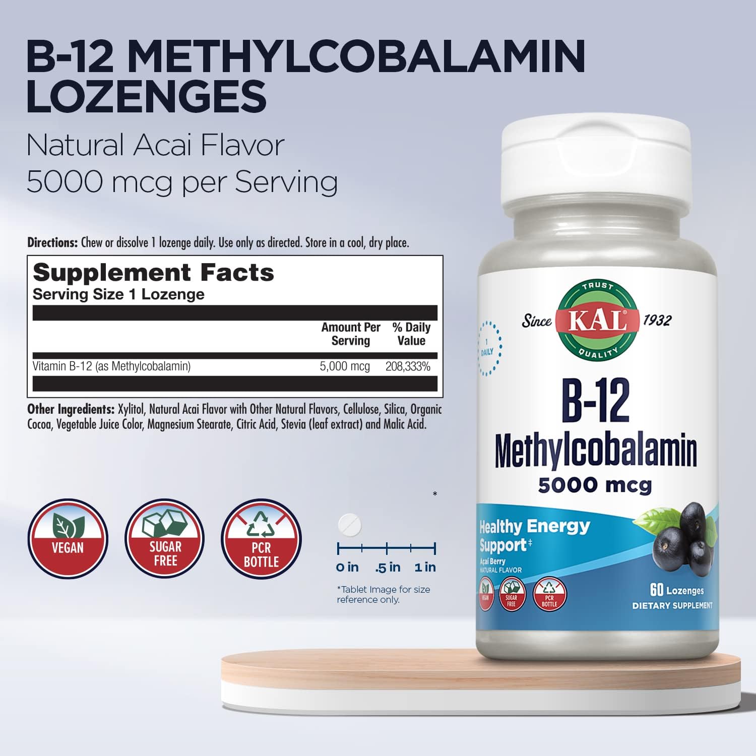 KAL Vitamin B-12 Methylcobalamin Lozenges, 5000 mcg, Natural Acai Flavour, 60 Lozenges - görsel 3