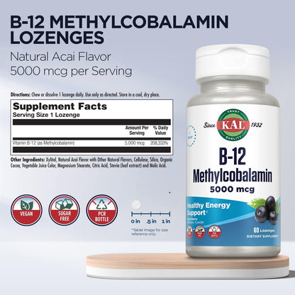 KAL Vitamin B-12 Methylcobalamin Lozenges, 5000 mcg, Natural Acai Flavour, 60 Lozenges
