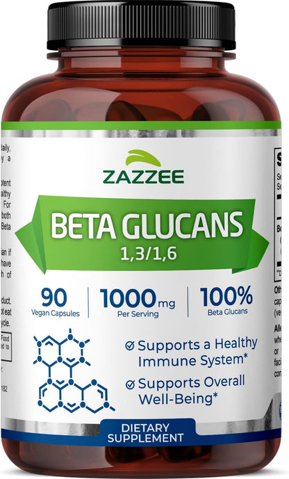 Zazzee Extra Strength 1,3/1,6 Beta Glucans - 1000 mg, 100% Concentrated, 90 Vegan Capsules - Immune Support Supplement