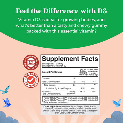 Chewable Vitamin D Gummies for Kids - 1000 IU Gelatine Free Fruit Flavours (60 Count)