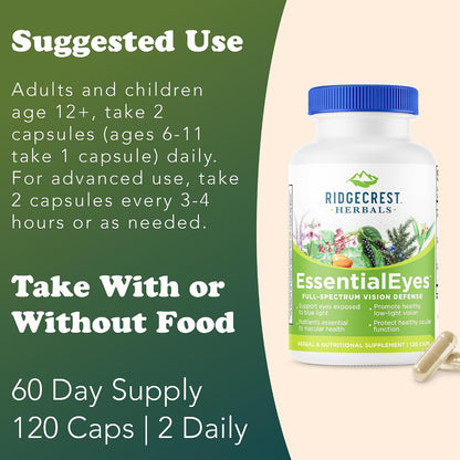 Ridgecrest Herbals EssentialEyes – Natural Eye Vitamin Supplement with Lutein, Zeaxanthin, and Bilberry Extract (120 Vegan Capsules)
